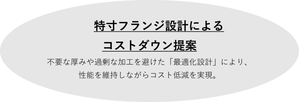 特寸フランジ設計による　　　　　　　　　　　　　　　　　　　　　　　　　　　　　　　　　　　　　　　　　　　　　　　　　　　　　　　　　　　　　　　　　　　　　　　　　　　　　　　　　　　　　コストダウン提案
不要な厚みや過剰な加工を避けた「最適化設計」により、性能を維持しながらコスト低減を実現。
