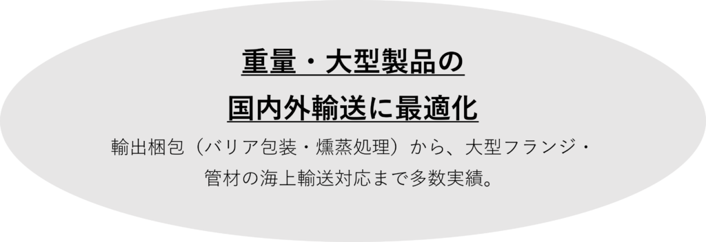 重量・大型製品の
国内外輸送に最適化
輸出梱包（バリア包装・燻蒸処理）から、大型フランジ・管材の海上輸送対応まで多数実績。　
